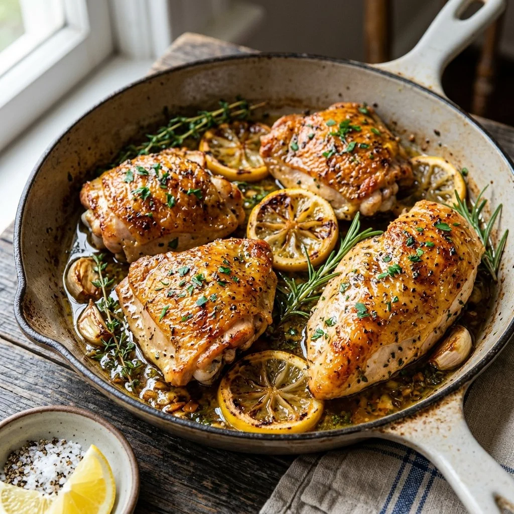 Juicy Lemon Herb Chicken garnished with fresh herbs on a white plate
