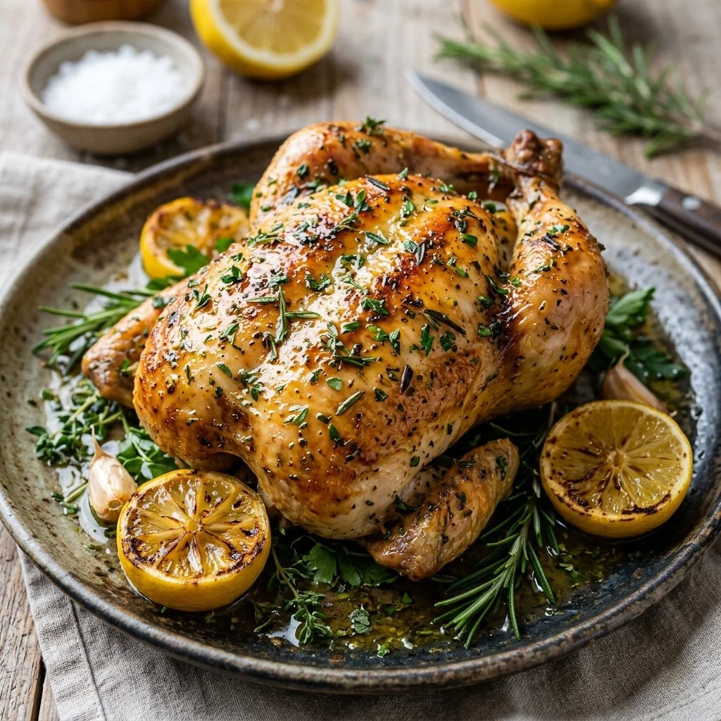Juicy lemon herb chicken garnished with fresh herbs and lemon slices