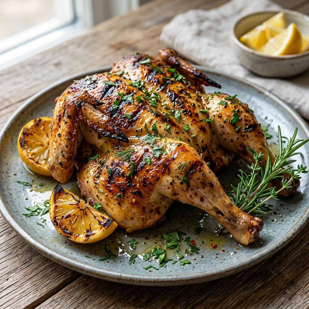 Juicy lemon herb grilled chicken on a plate garnished with fresh herbs