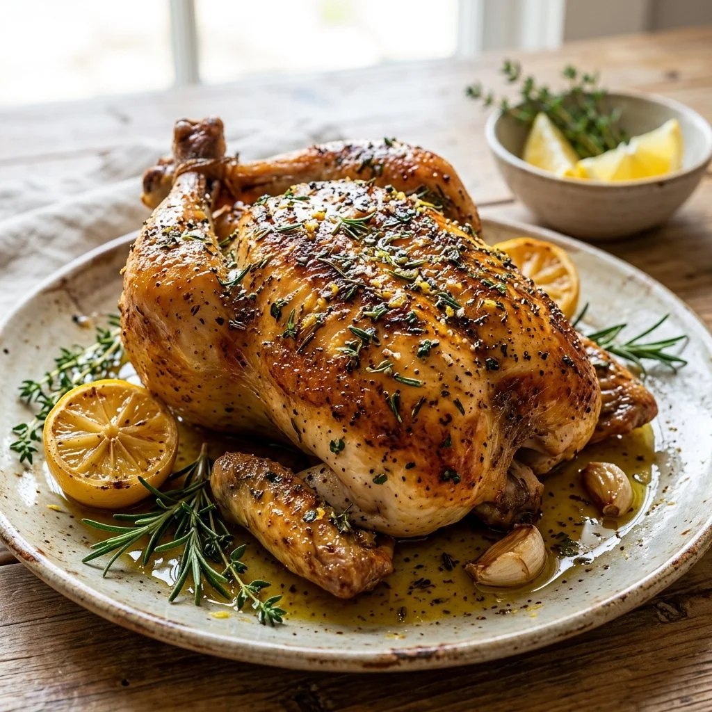 Juicy Lemon Herb Roasted Chicken garnished with fresh herbs on a plate