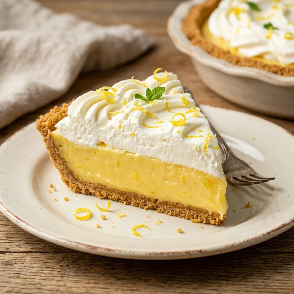 Delicious Lemon Icebox Pie served on a white plate with lemon slices