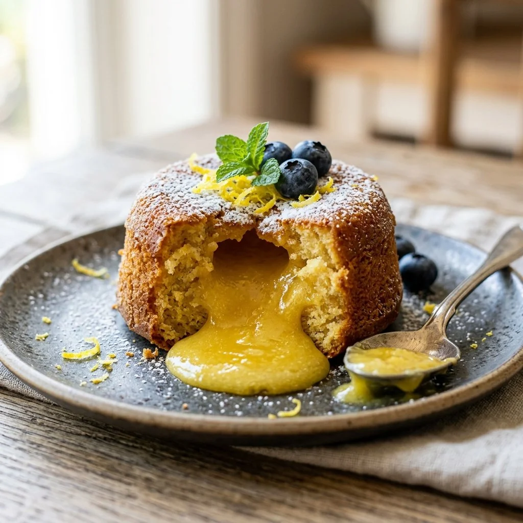 Delicious Lemon Lava Cake with a gooey lemon center served on a plate