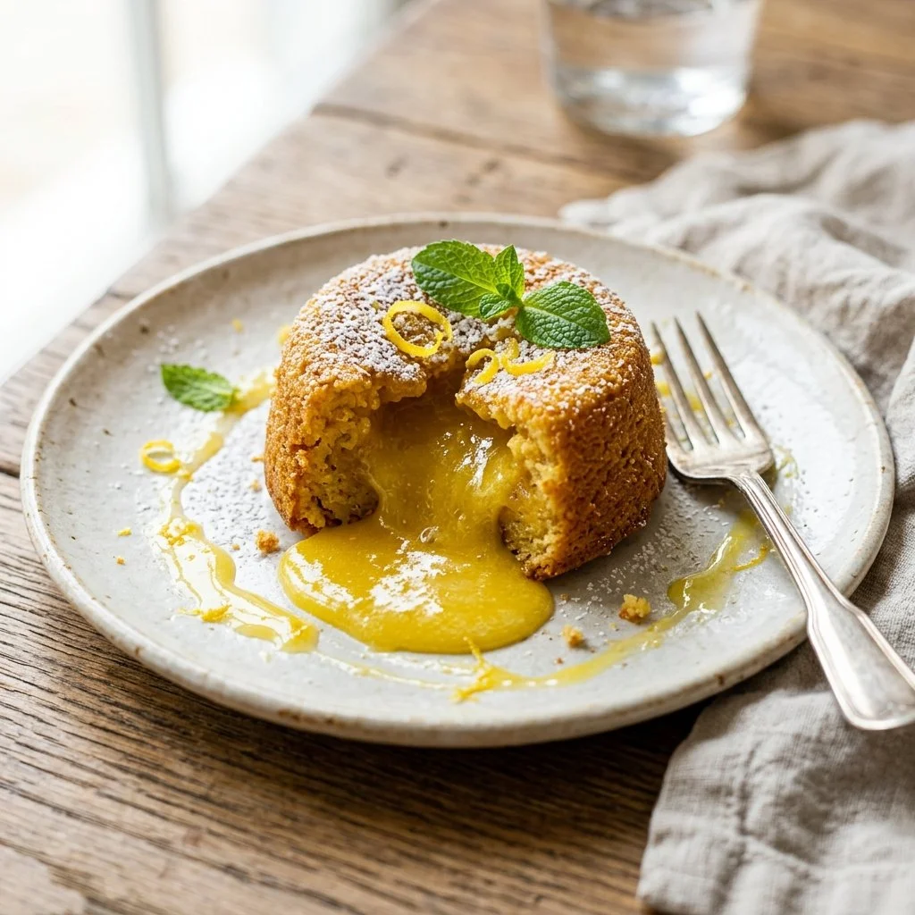 Lemon Lava Cake with molten lemon filling and dusted powdered sugar.