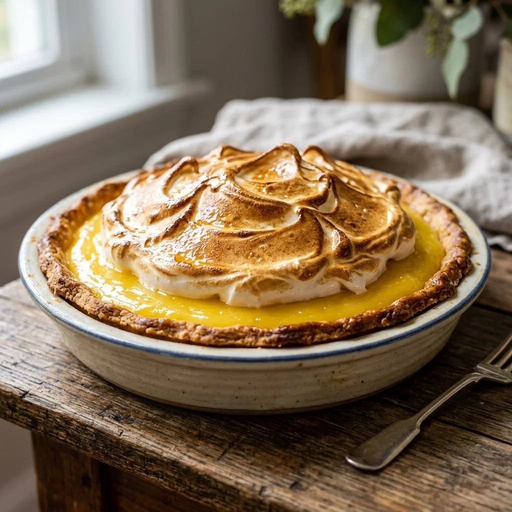 A delicious slice of lemon meringue pie with a golden crust and fluffy meringue topping.