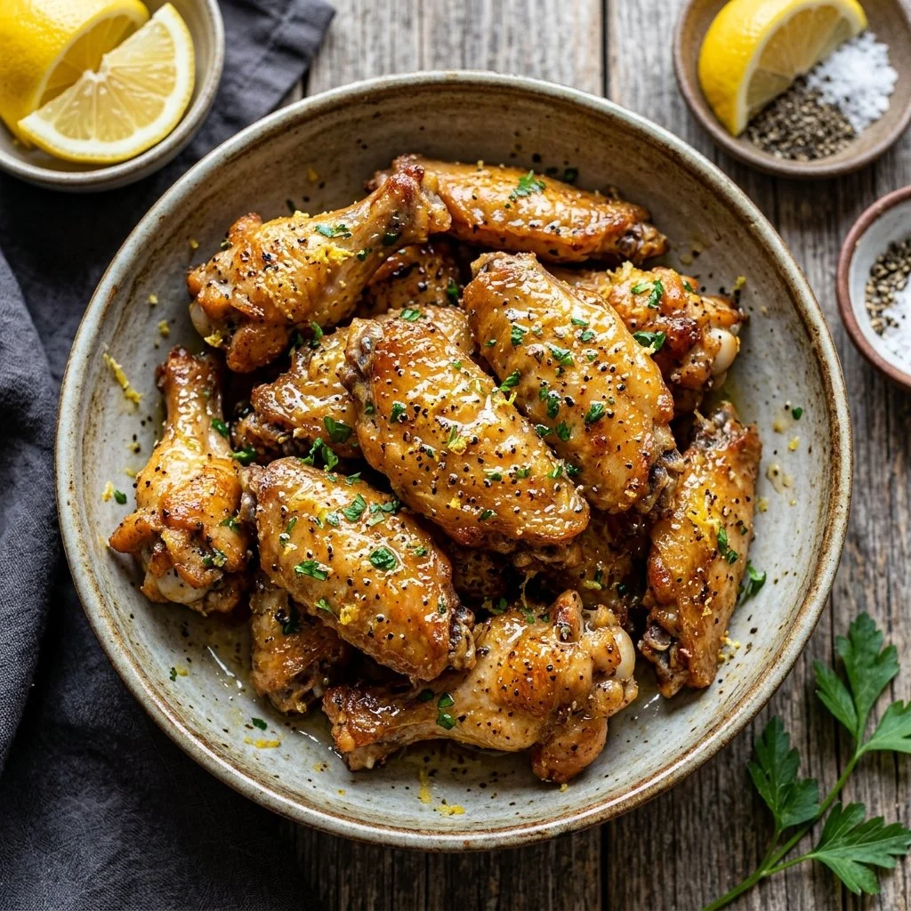 Delicious lemon pepper wings garnished with herbs on a plate
