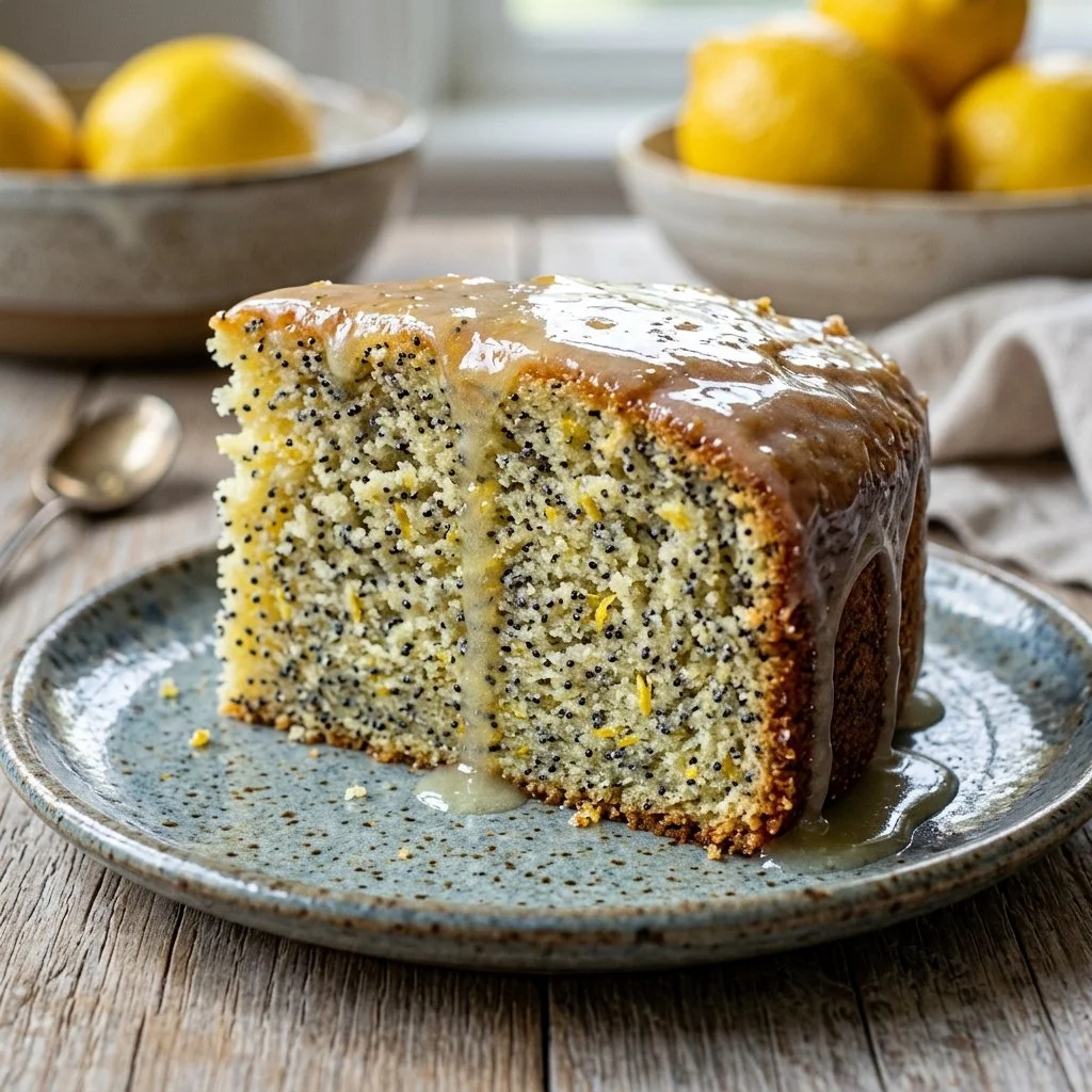 A delicious slice of lemon poppy seed cake with lemon zest and poppy seeds on a white plate