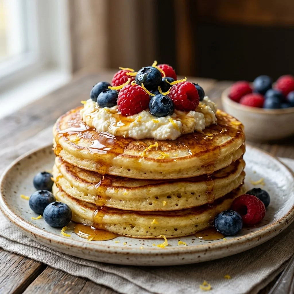 Fluffy Lemon Ricotta Pancakes topped with syrup and fresh berries