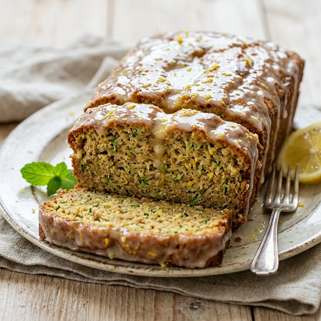 Lemon zucchini bread slice on a plate with a lemon garnish