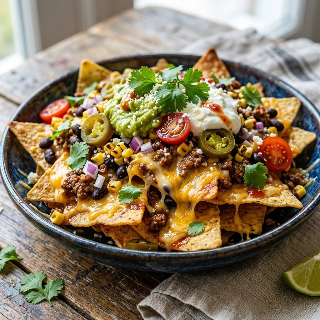 Delicious loaded nachos topped with cheese, jalapeños, and salsa