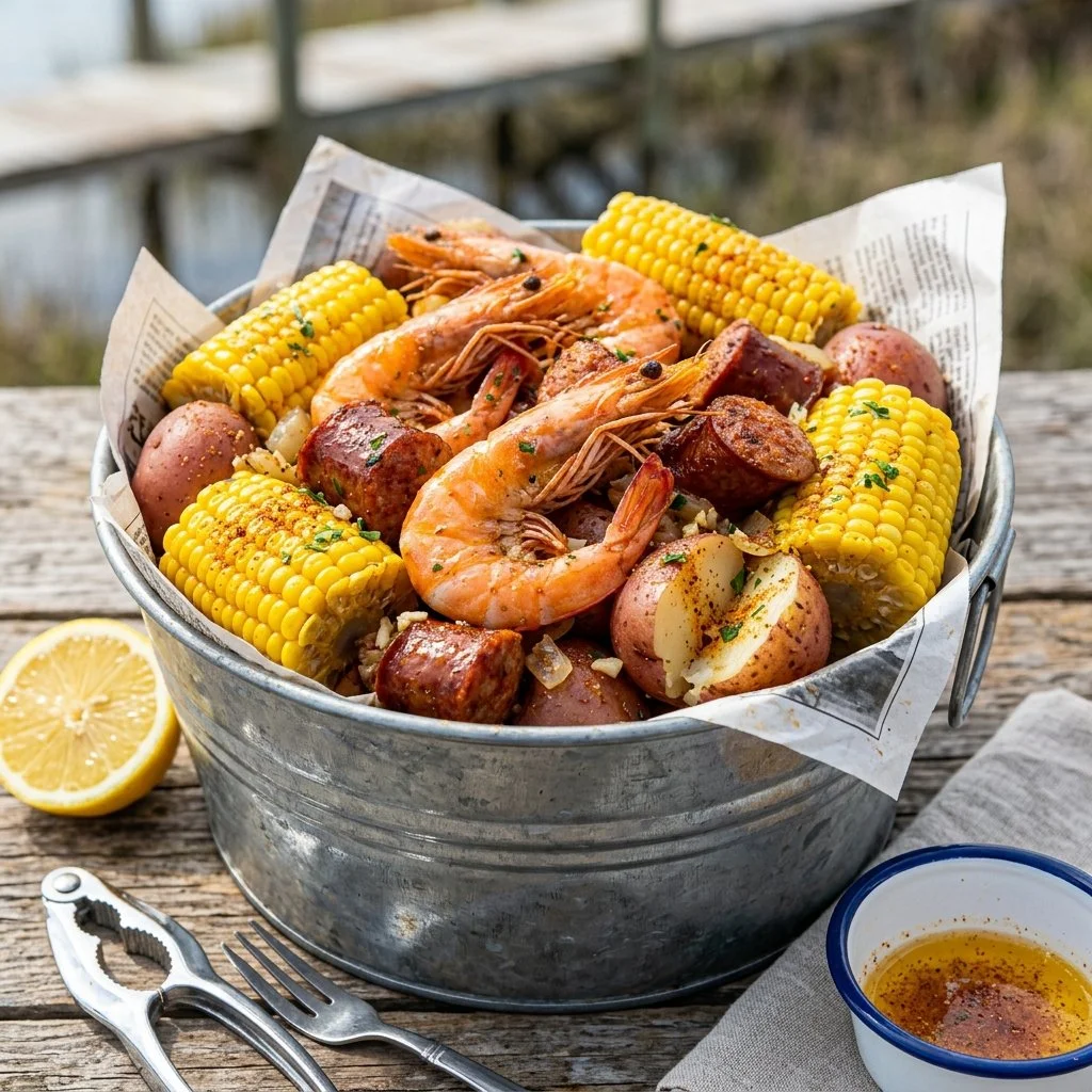 Delicious Low Country Boil with shrimp, sausage, and vegetables served outdoors.