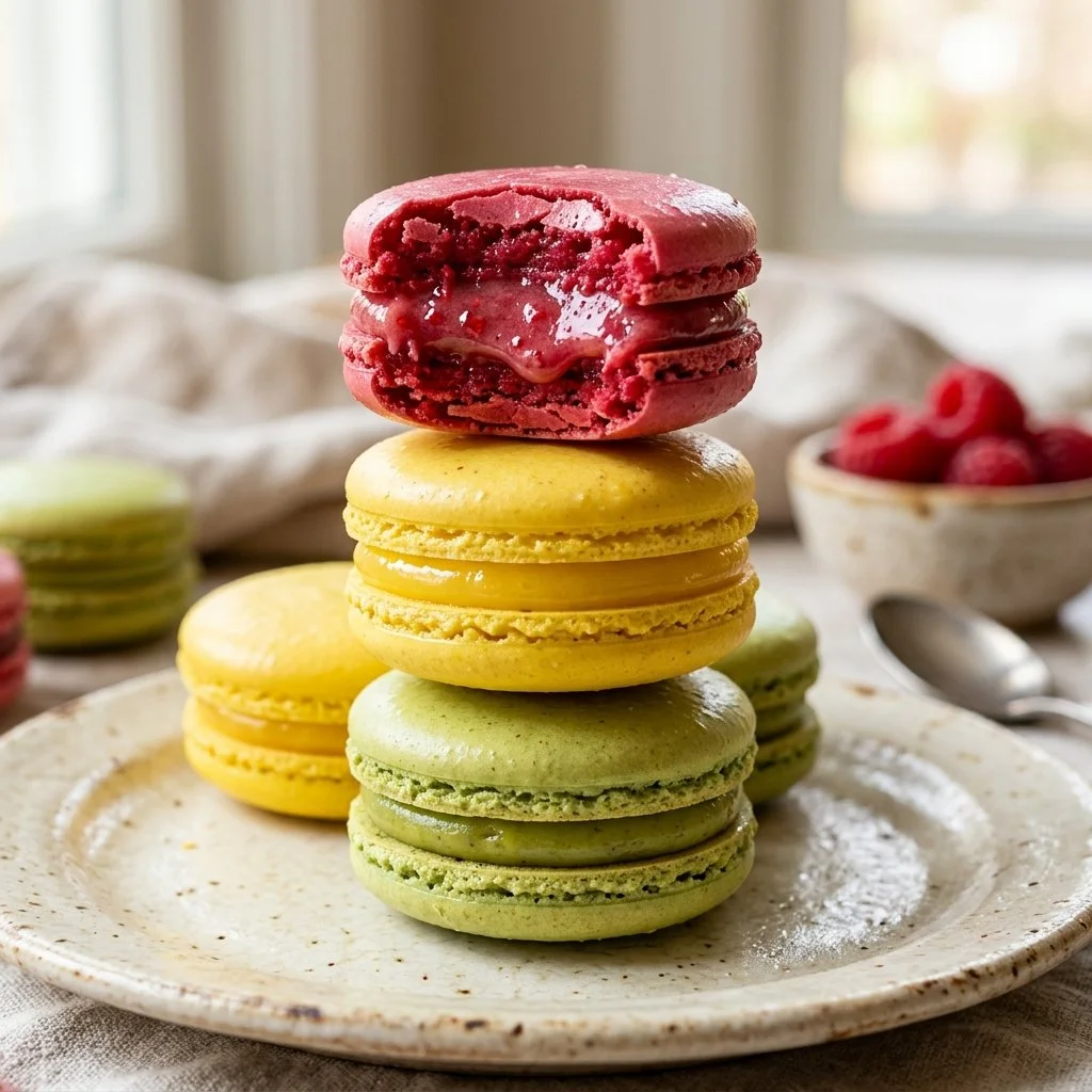 Delicious array of colorful macaron cookies on a plate