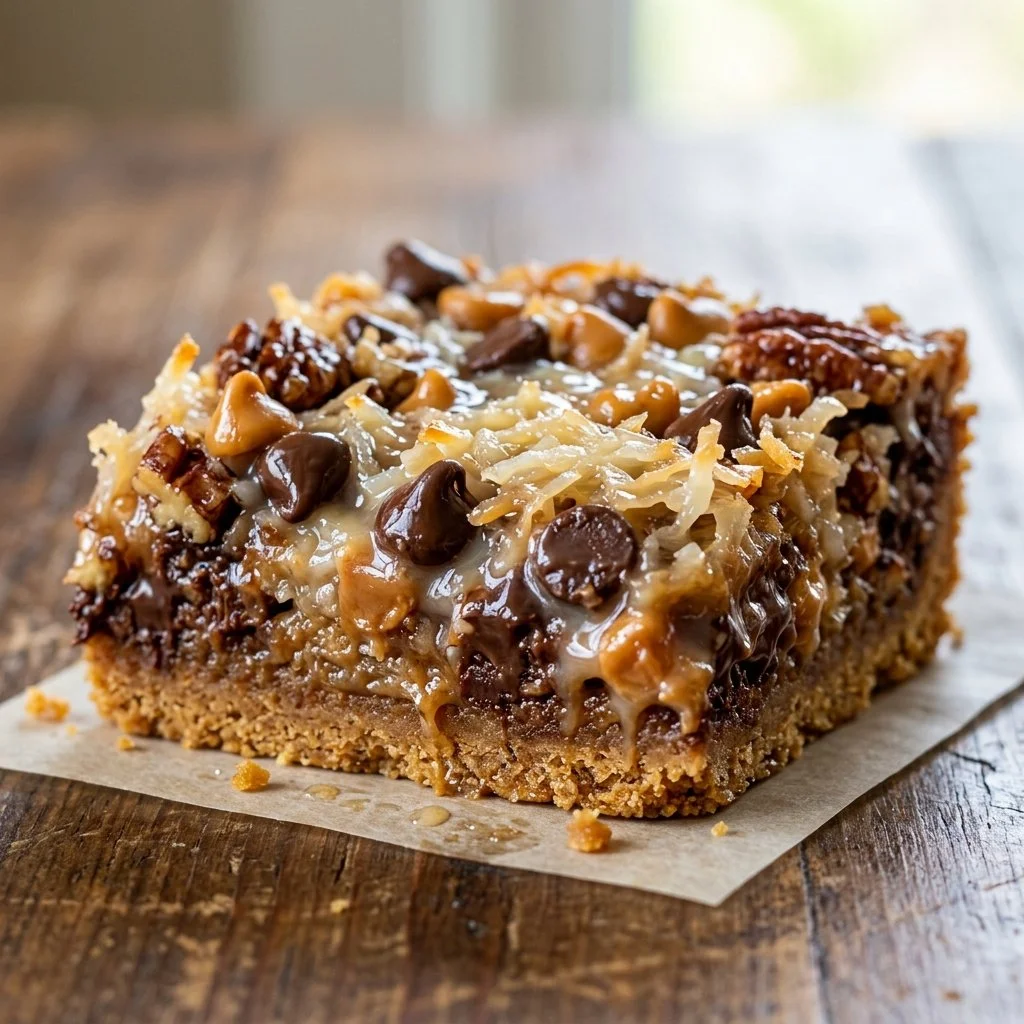 Delicious Magic Cookie Bars topped with chocolate and coconut