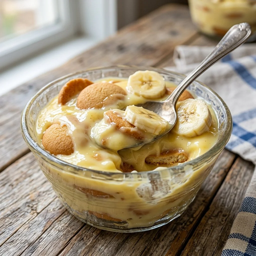 Delicious Magnolia Bakery pudding served in a clear glass dish