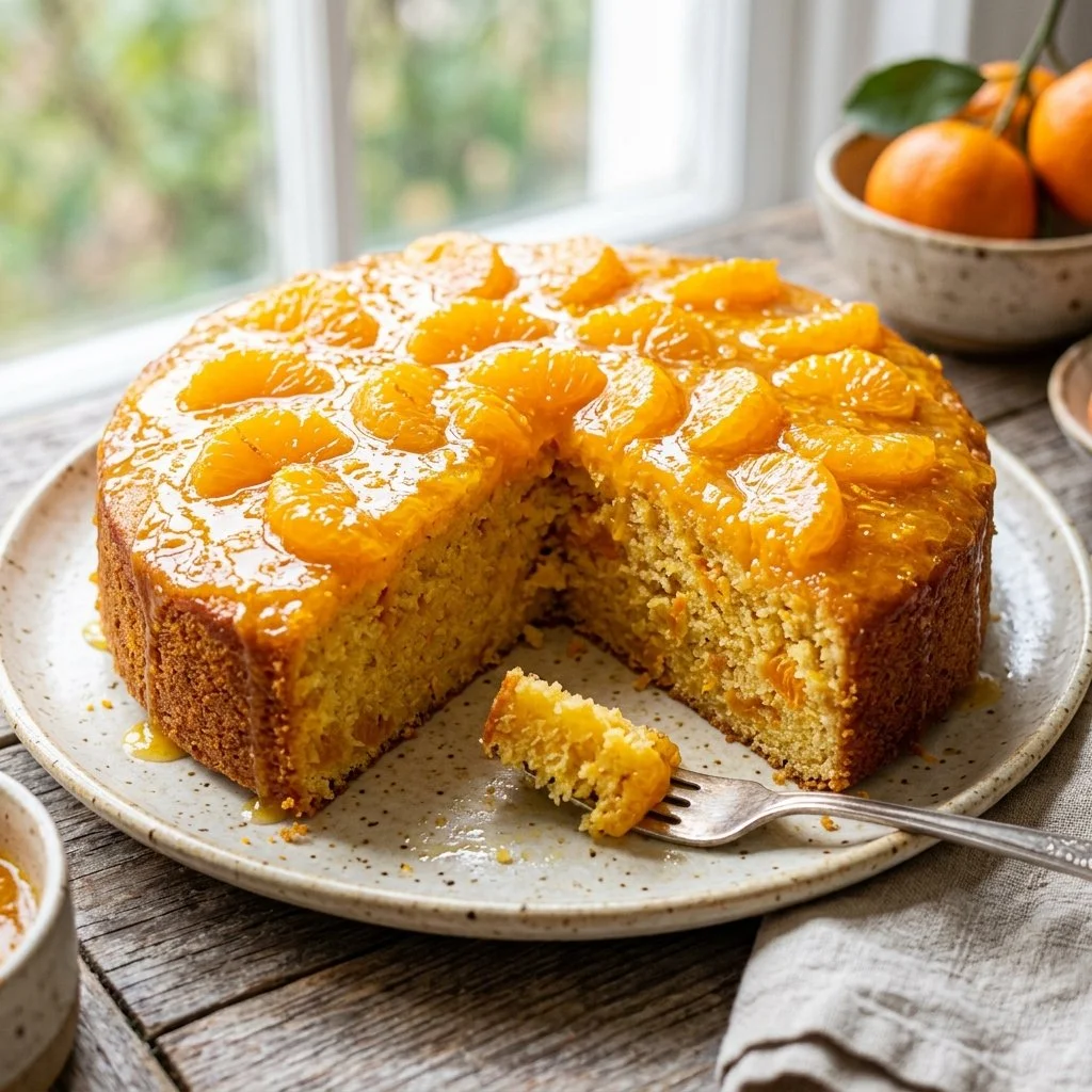 Moist and flavorful Mandarin Orange Cake garnished with fresh oranges.