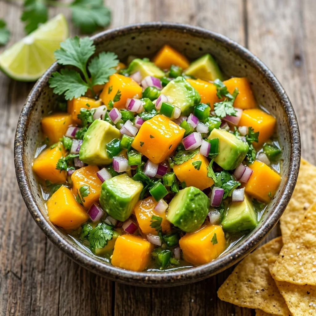 Colorful Mango Avocado Salsa served with tortilla chips