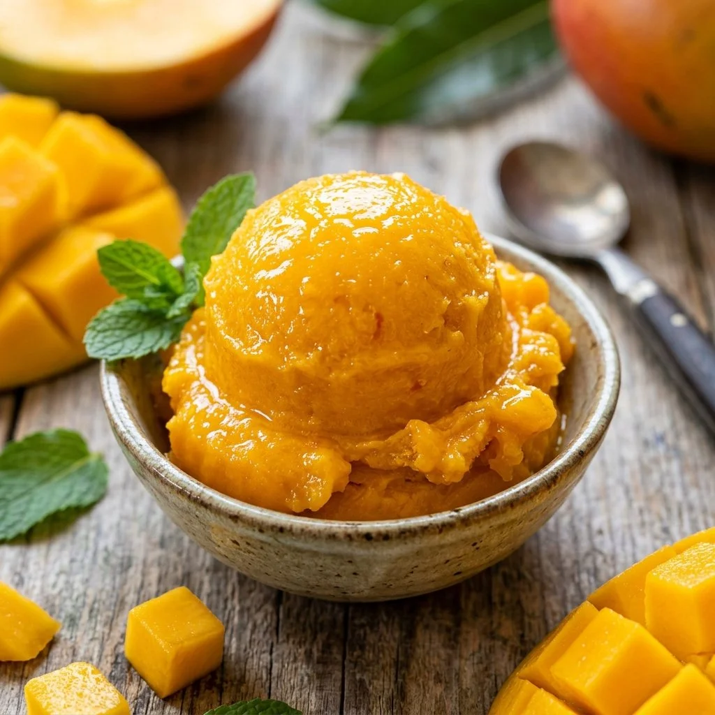 Delicious mango sorbet served in a bowl with fresh mango slices
