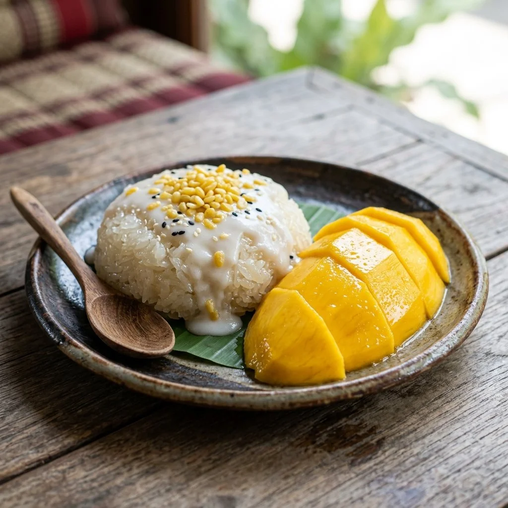 A delicious serving of Mango Sticky Rice topped with ripe mango slices and coconut sauce.