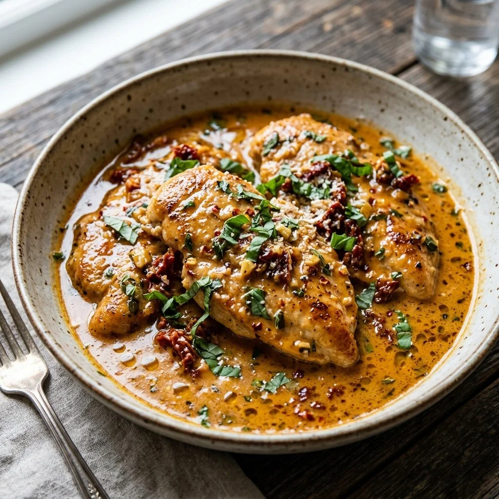 Delicious plate of Marry Me Chicken garnished with herbs