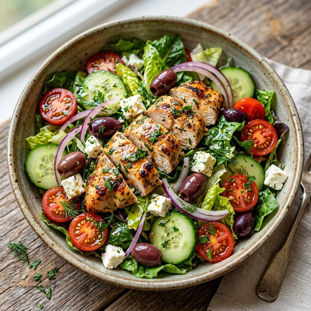 Mediterranean chicken salad with fresh vegetables and herbs