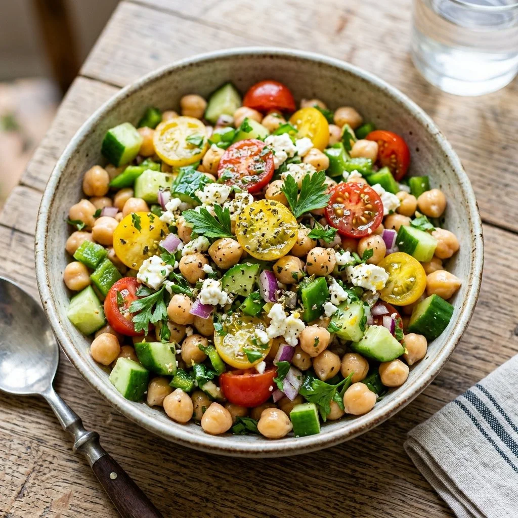 Bowl of Mediterranean Chickpea Salad with fresh vegetables and herbs