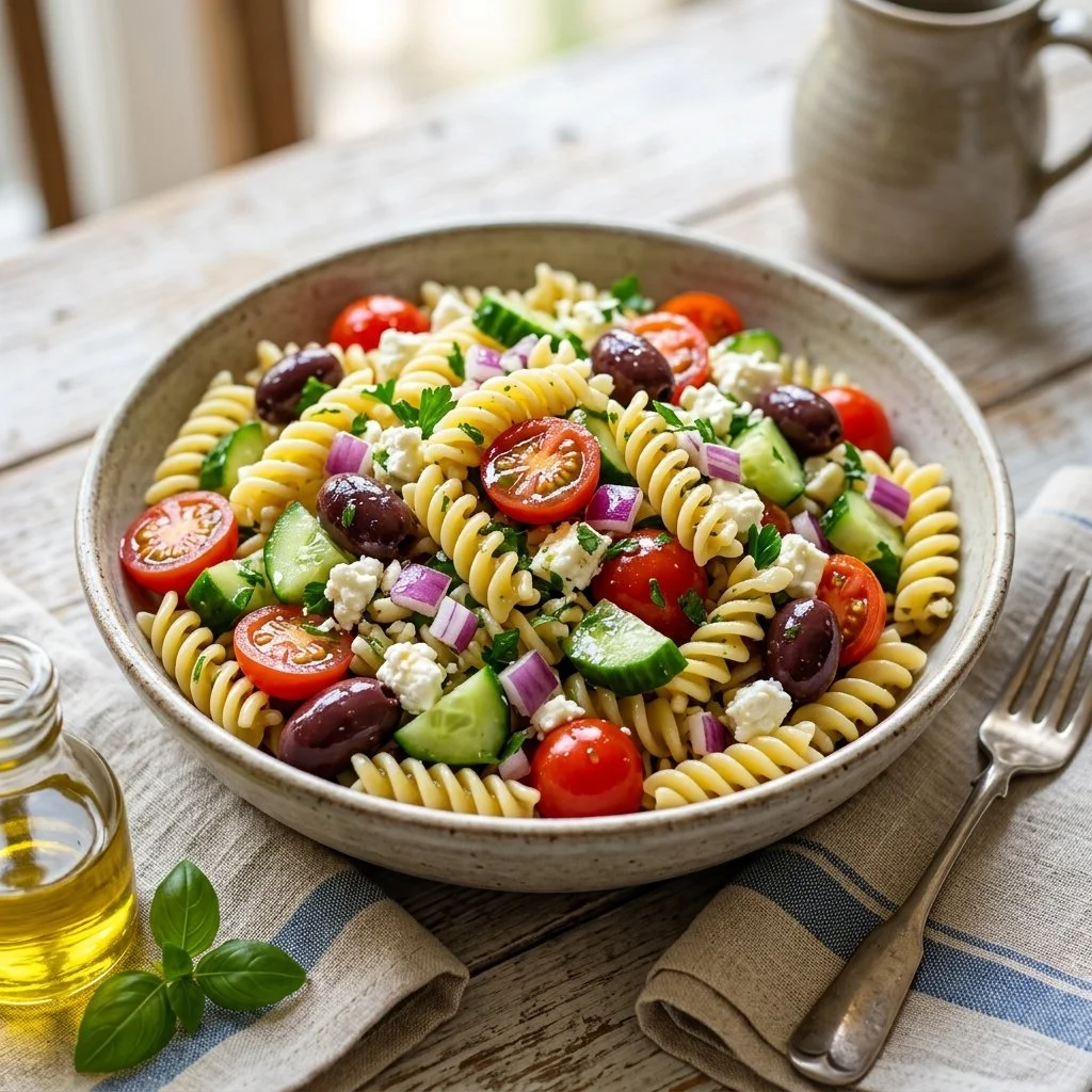 Colorful Mediterranean Pasta Salad with veggies and dressing