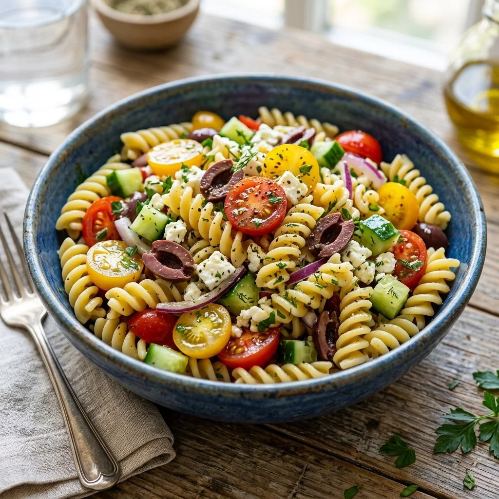 Colorful Mediterranean Pasta Salad with vegetables, olives, and feta cheese