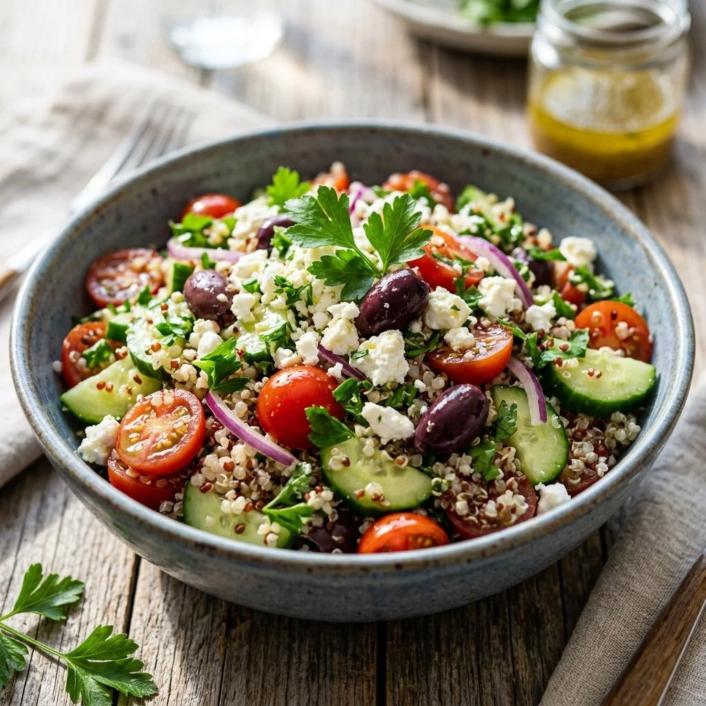 Colorful Mediterranean Quinoa Salad with fresh vegetables and dressing