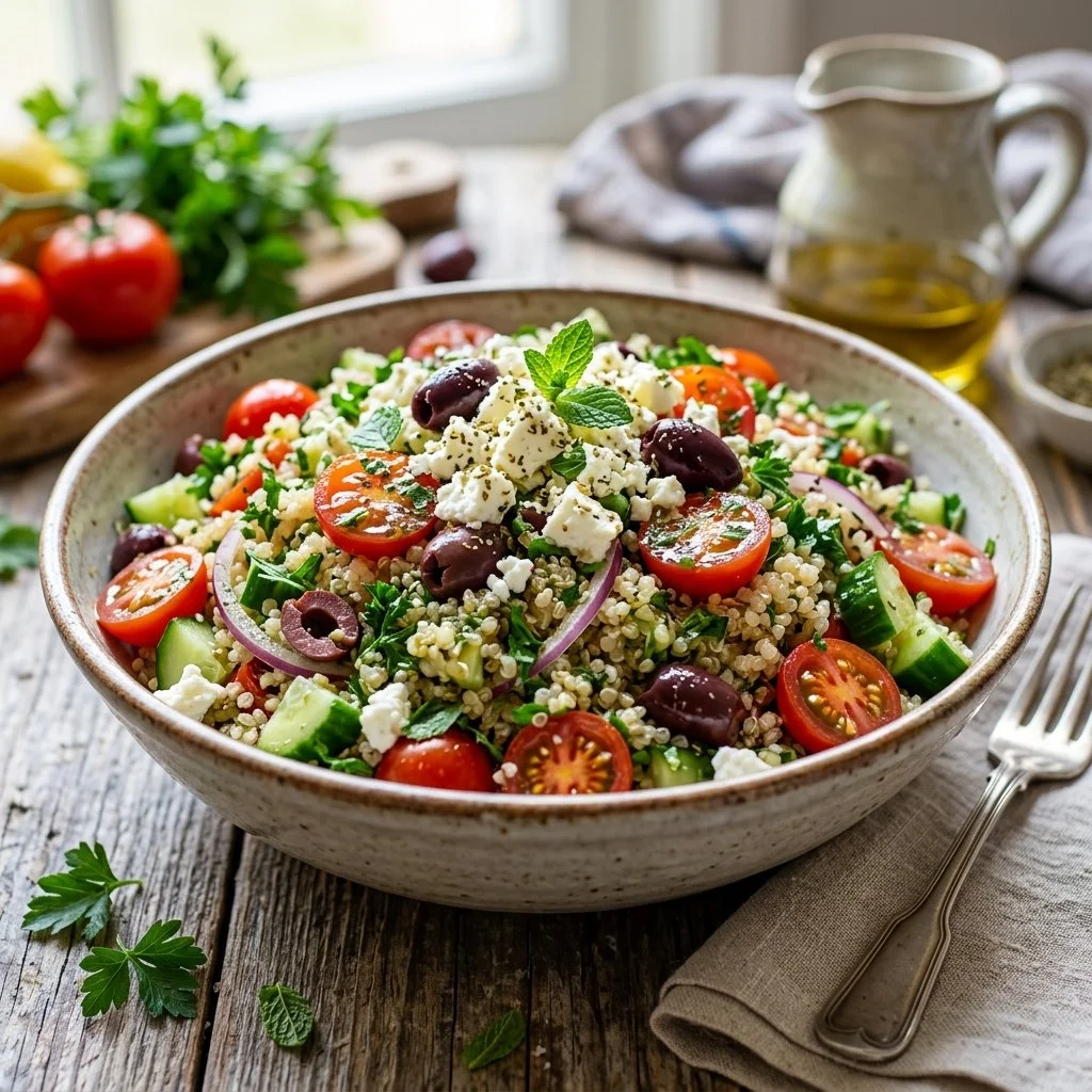 Mediterranean quinoa salad with fresh vegetables and herbs in a bowl