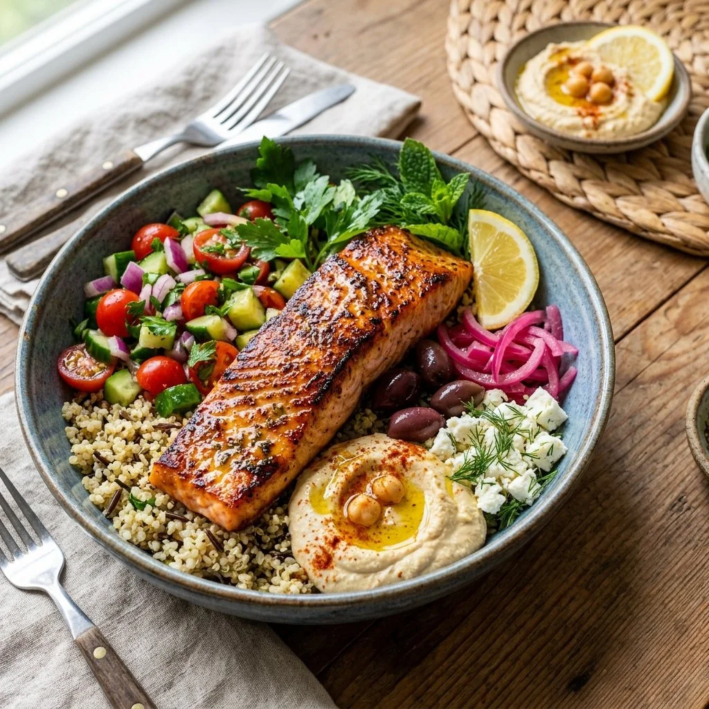 Mediterranean Salmon Bowl with fresh vegetables and grains