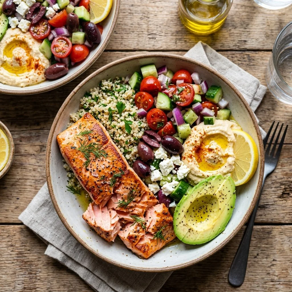 Mediterranean salmon bowls with vegetables and grains served in a bowl