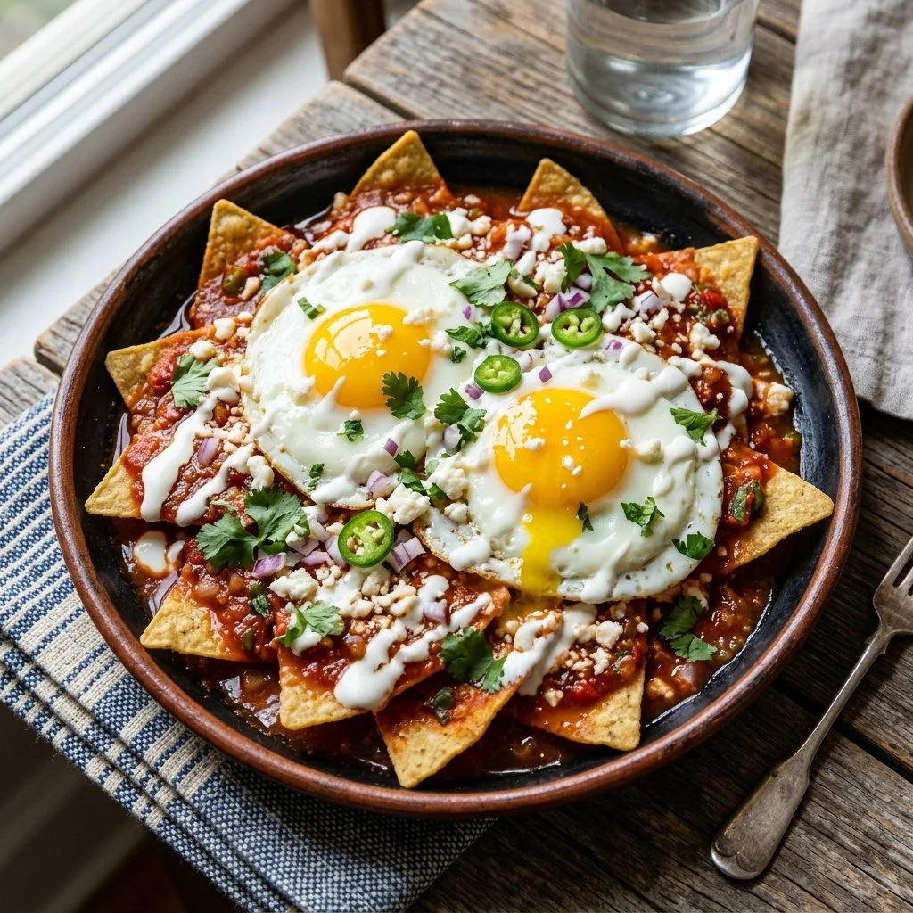 A delicious plate of Mexican breakfast chilaquiles topped with fresh ingredients.