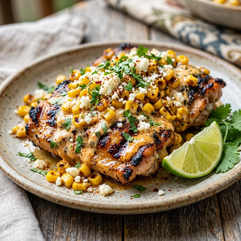 Plate of Mexican street corn chicken garnished with cilantro and lime