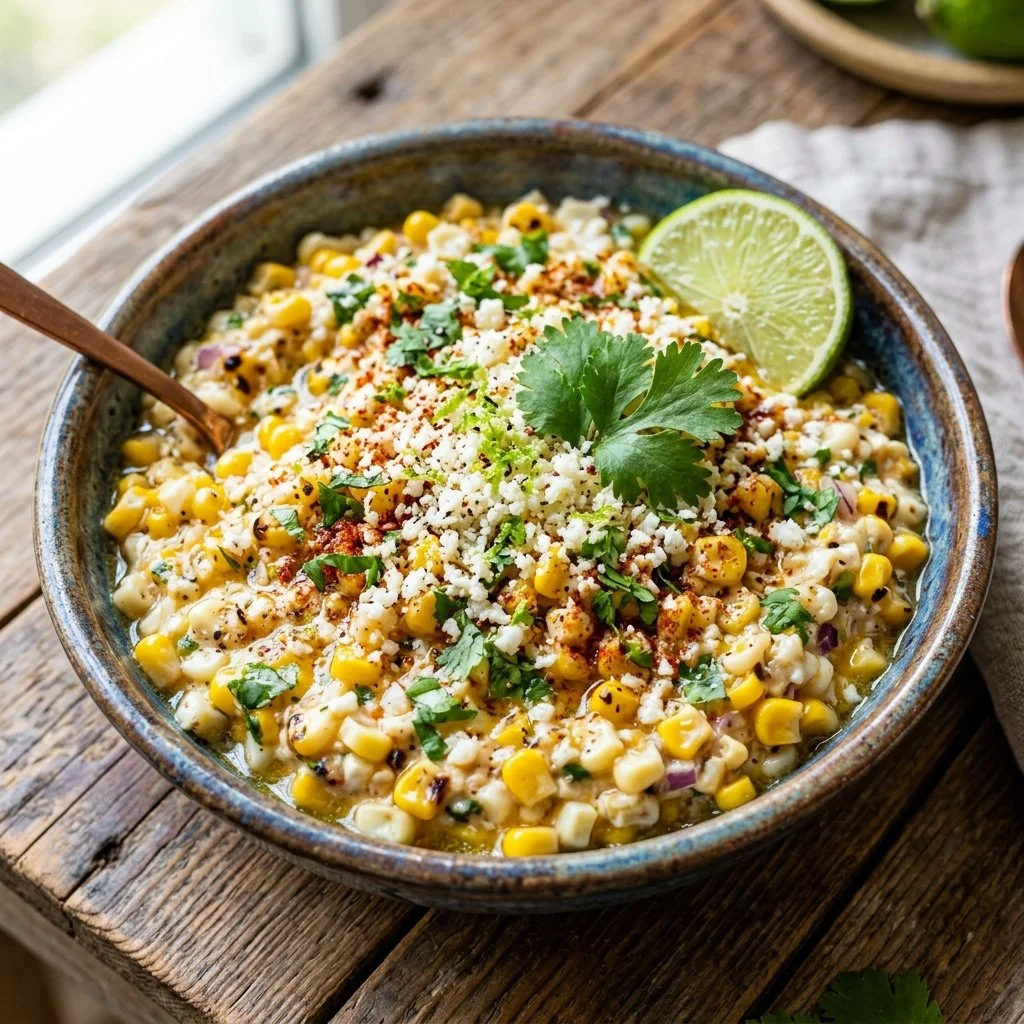 Creamy Mexican street corn dip served in a bowl with fresh toppings.