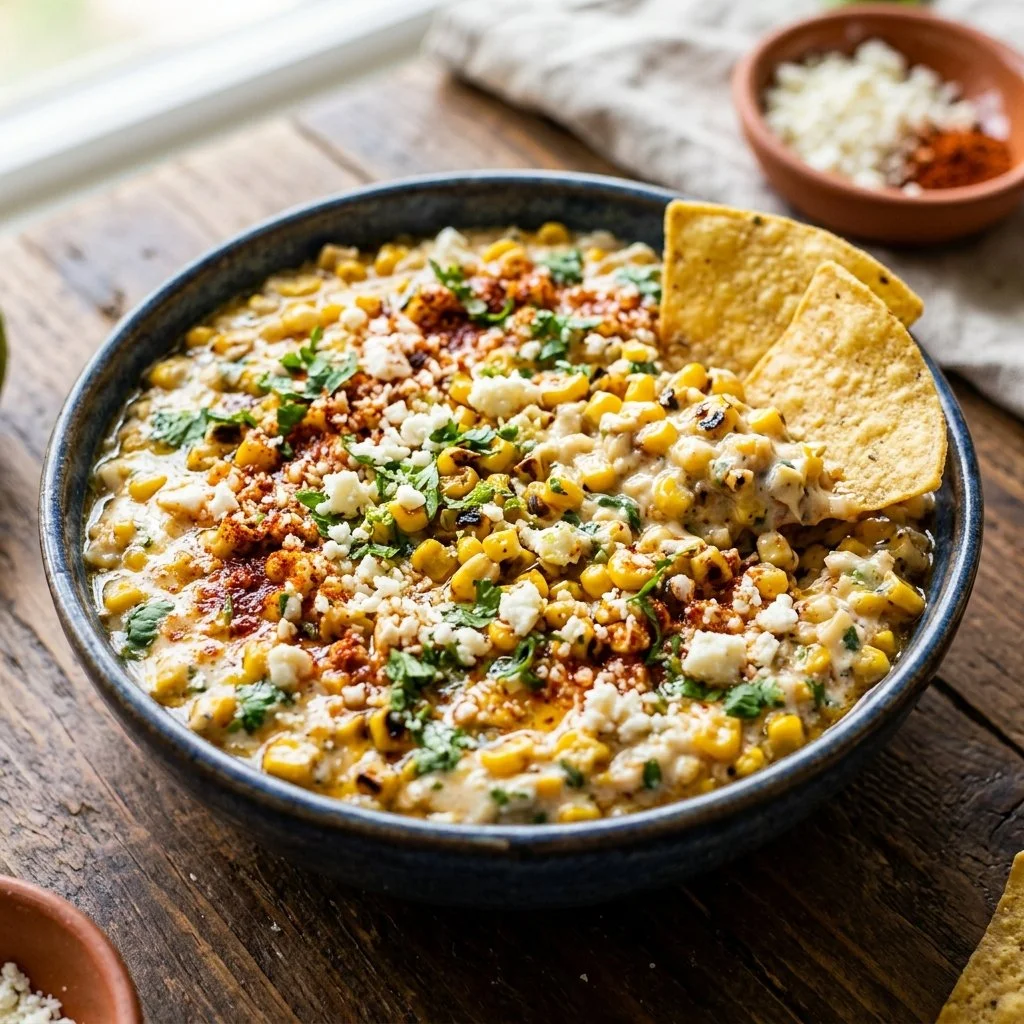 Bowl of creamy Mexican Street Corn Dip with toppings