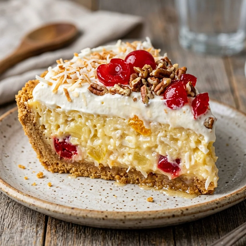 A slice of Million Dollar Pie showcasing its creamy layers and vibrant toppings.