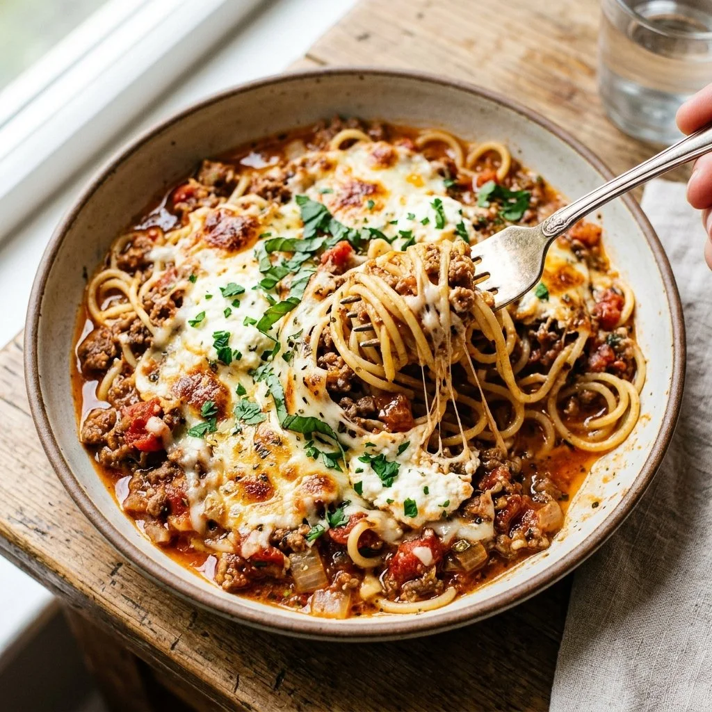 Plate of Million Dollar Spaghetti topped with cheese and herbs