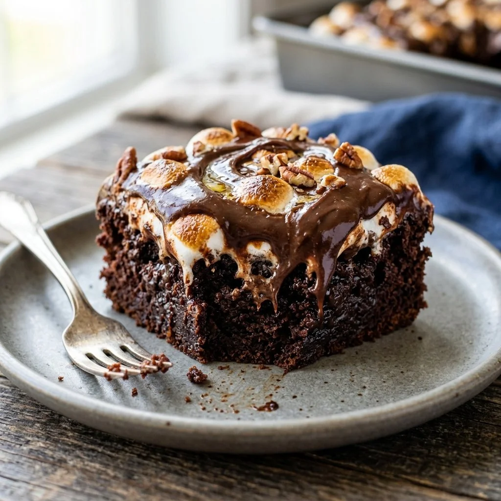 Delicious Mississippi Mud Cake topped with chocolate and marshmallows.
