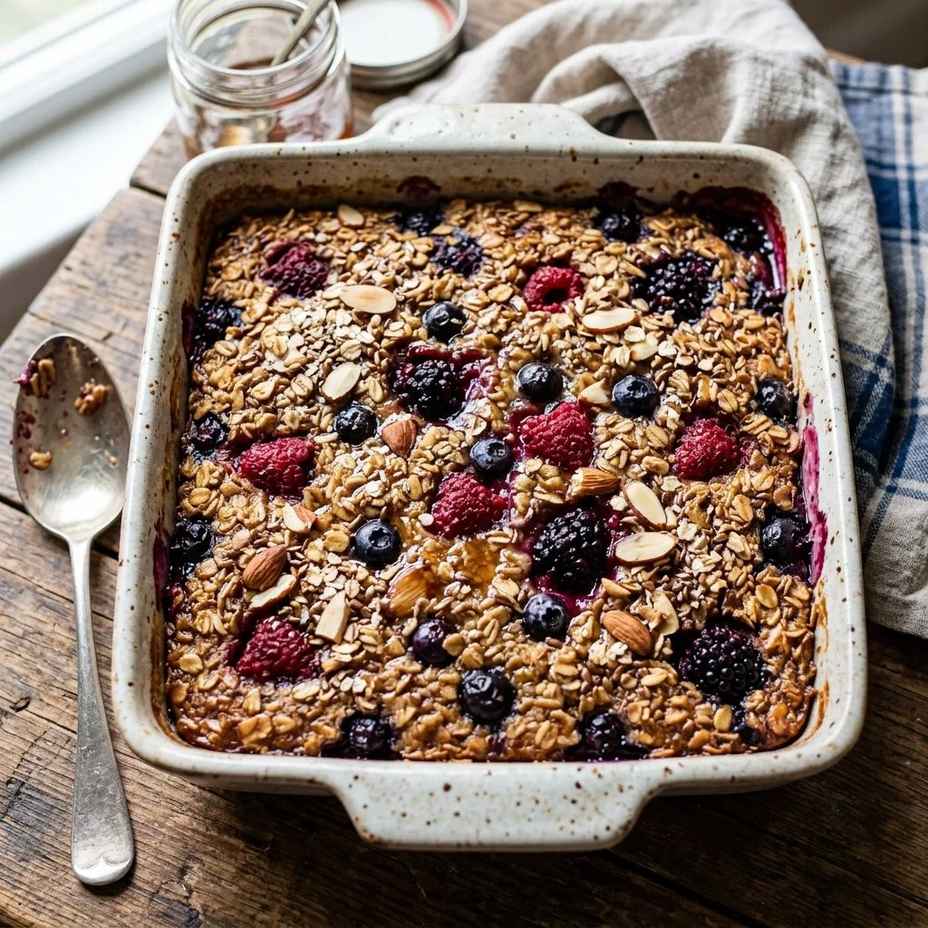 Delicious mixed berry baked oatmeal served in a bowl, perfect for breakfast.