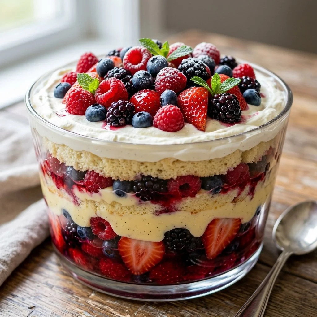 Delicious mixed berry trifle with layers of fresh berries and creamy custard