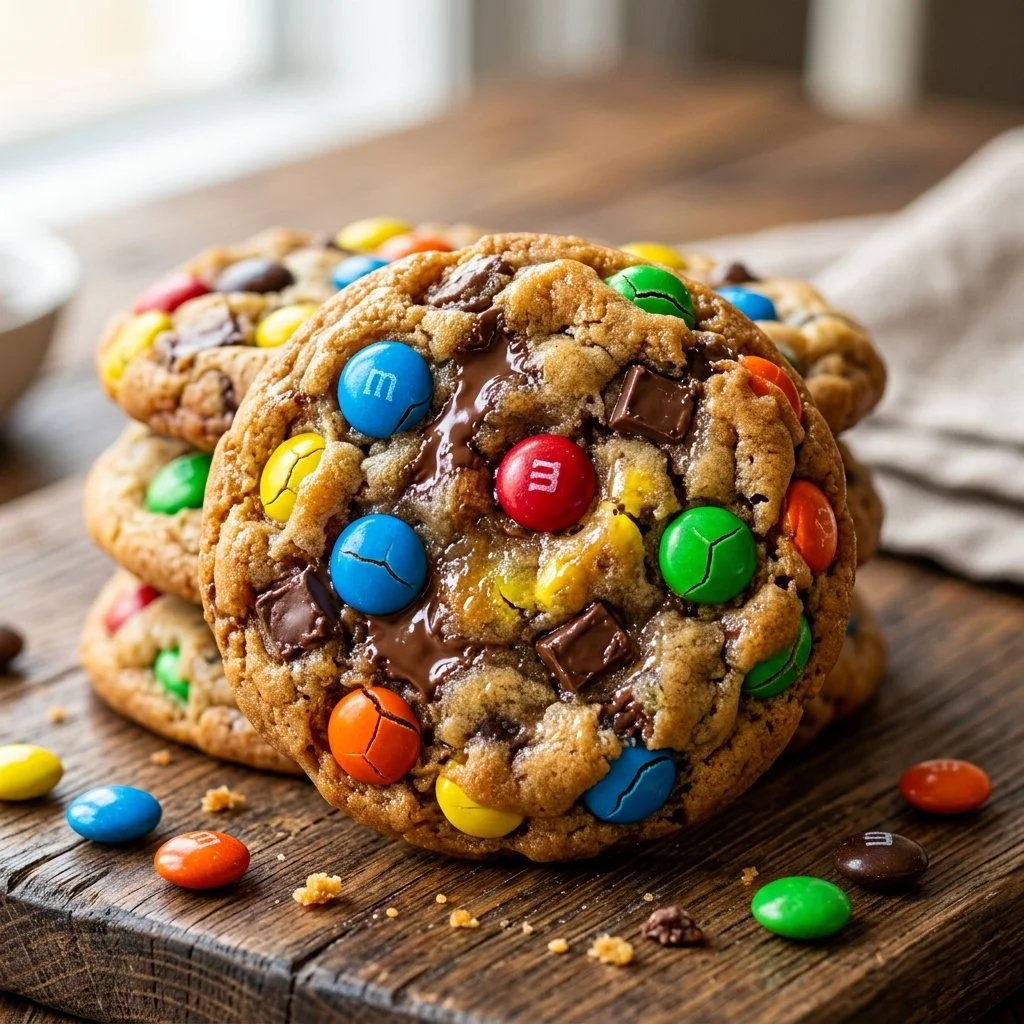 Delicious homemade M&M cookies with colorful chocolate candies
