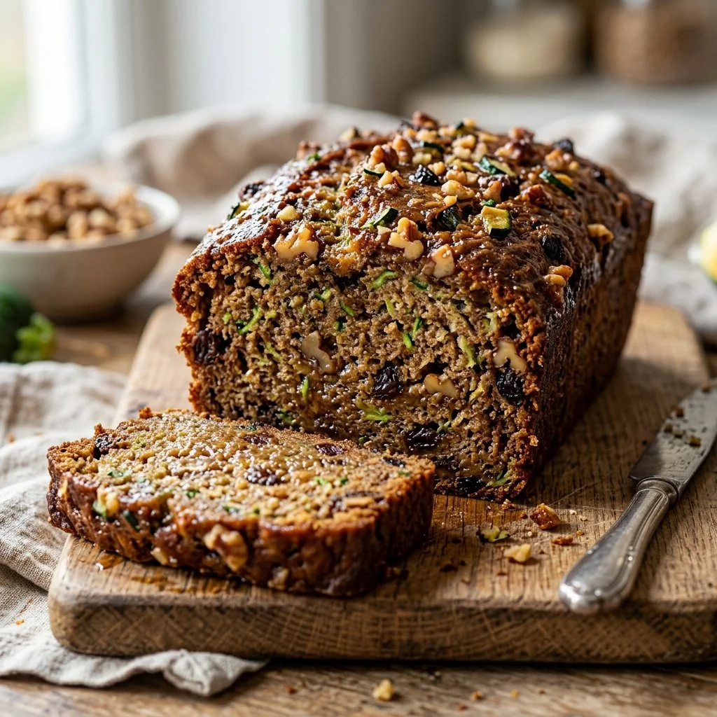 Moist zucchini bread slicing on a wooden board
