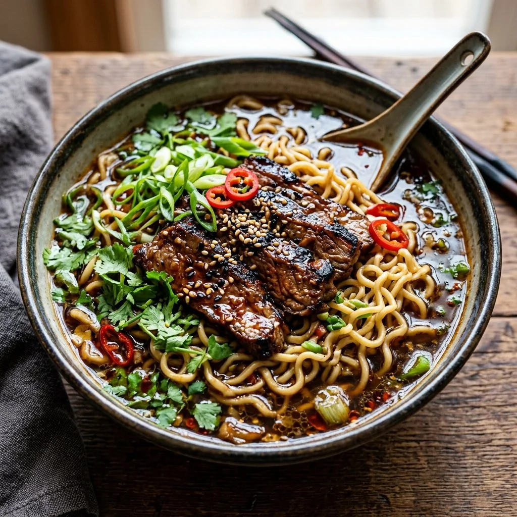 A bowl of Mongolian Beef Ramen topped with green onions and sesame seeds