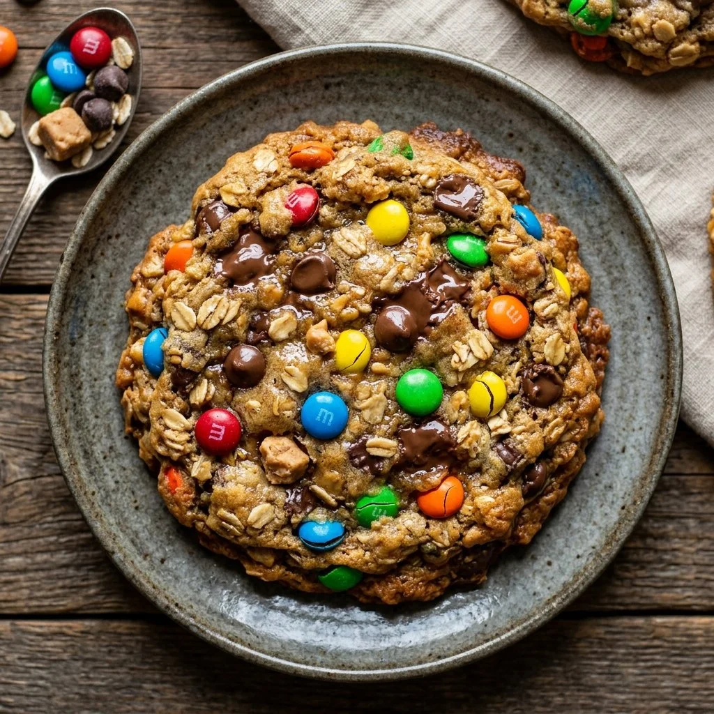 Delicious homemade Monster Cookies with chocolate chips and colorful candies