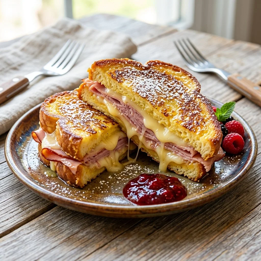 Delicious Monte Cristo Sandwich with ham, turkey, and cheese, served with powdered sugar.