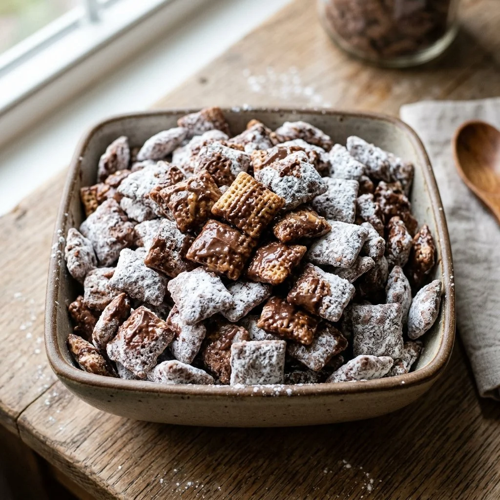 Delicious Muddy Buddies snack with chocolate and peanut butter mix