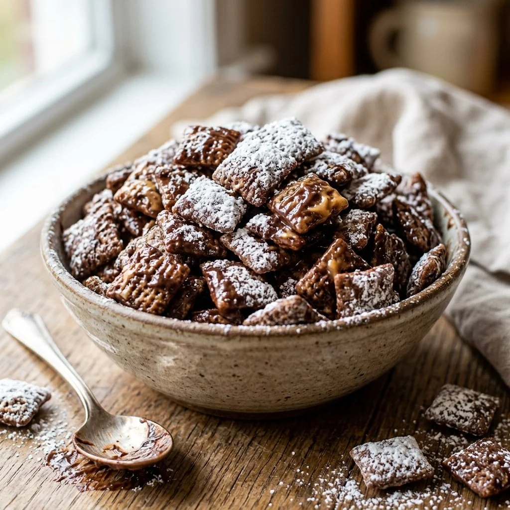 Bowl of tasty Muddy Buddies snack mix with chocolate and powdered sugar