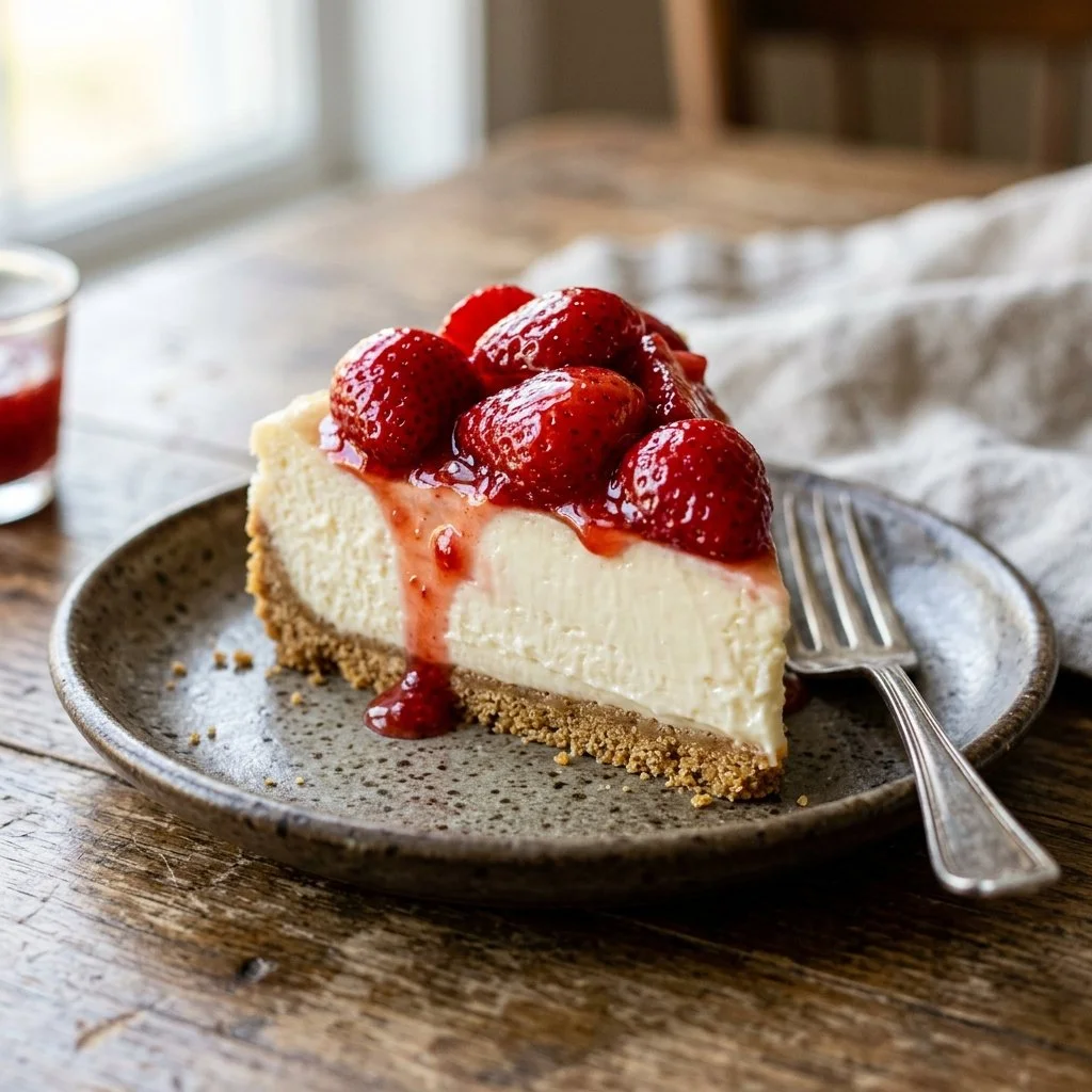 Delicious no bake cheesecake with a graham cracker crust and fresh fruit topping.
