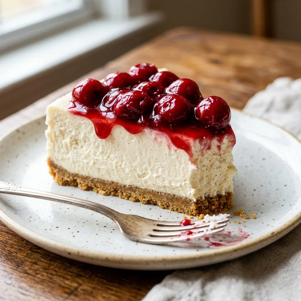 Delicious no bake cheesecake topped with fresh berries and whipped cream.
