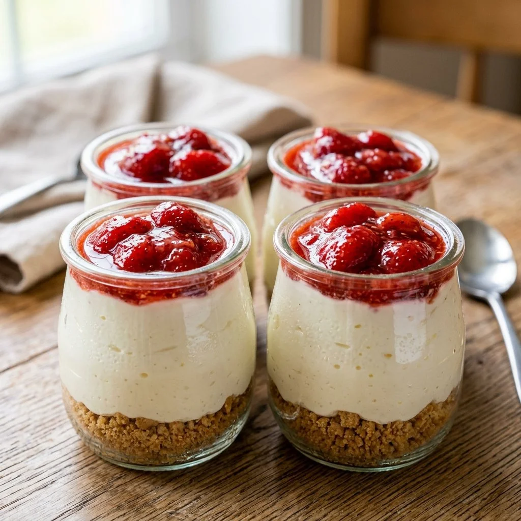 Delicious no-bake cheesecake jars layered with cream and toppings