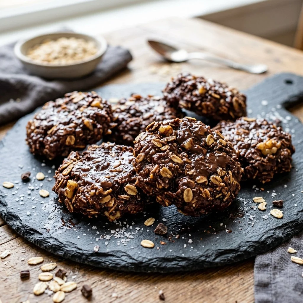 Delicious no-bake chocolate cookies stacked on a plate